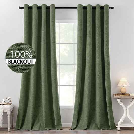 MIULEE 100% Blackout Linen Textured Curtains for Bedroom Solid Thermal Insulated Olive Green Grommet Room Darkening Curtains & Drapes Luxury Decor for Living Room Nursery 52 x 120 Inch (2 Panels)