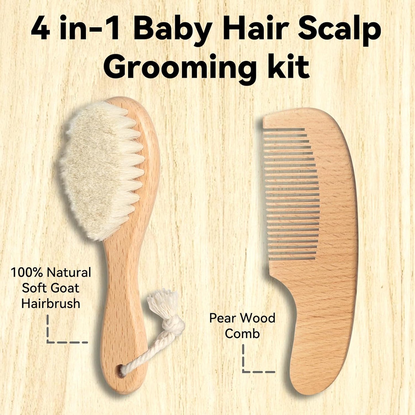 Goat Baby Hair Brush Set, Safe Natural Hair Care Kit with Wooden Soft Goat Bristles Hairbrush Comb Green Silicone Bath Brush for Newborns Toddlers (4pcs Set)