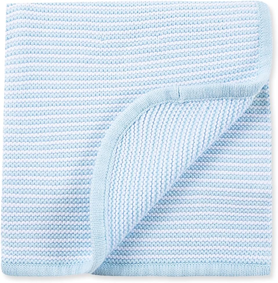 Little Me Knit Baby Blanket – 100% Soft Cotton, Snuggly and Breathable, Perfect as a Swaddle, Stroller Blanket or Nursery Decor for Boys and Girls, Blue Stripe, 30 x 40 Inches
