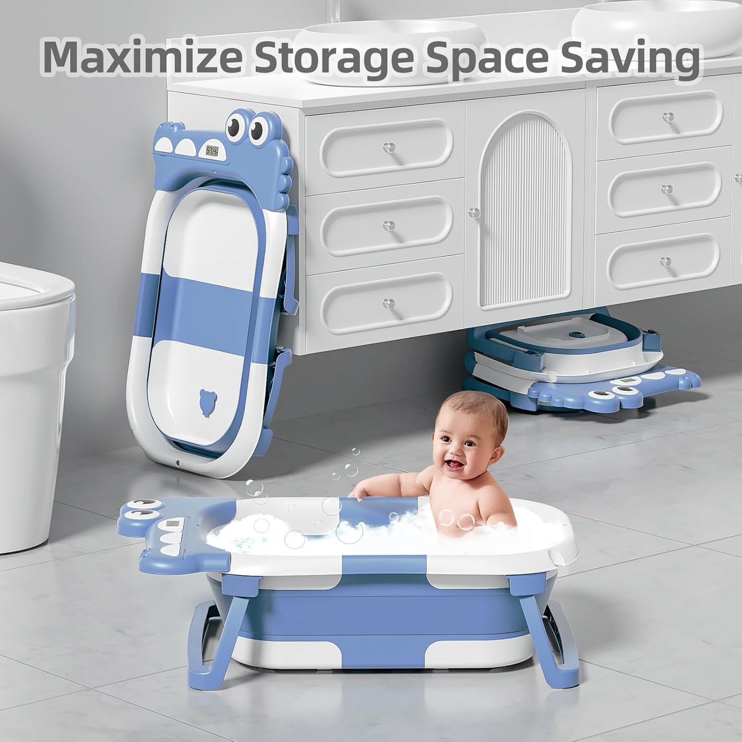 MoreFeel Collapsible Baby Bathtub for Newborn with Thermometer & 1 Hooded Towel & 1 Soft Floating Cushion,Portable Travel Bathtub with Drain Hole, Durable Foldable Baby Tubs for Infants to Toddler