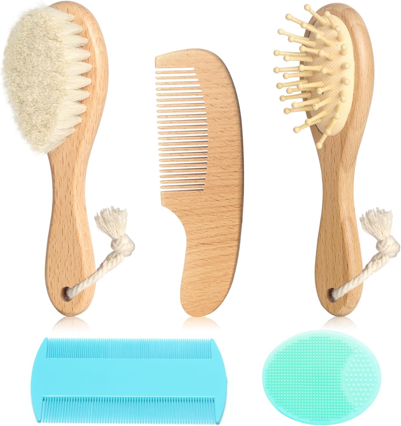 Goat Baby Hair Brush Set, Wooden Comb Massage Scalp Comb, Safe Natural Hair Care Kit, Soft Silicone Bath Brush for Newborns Toddlers (Brush Set+ Green Massager)