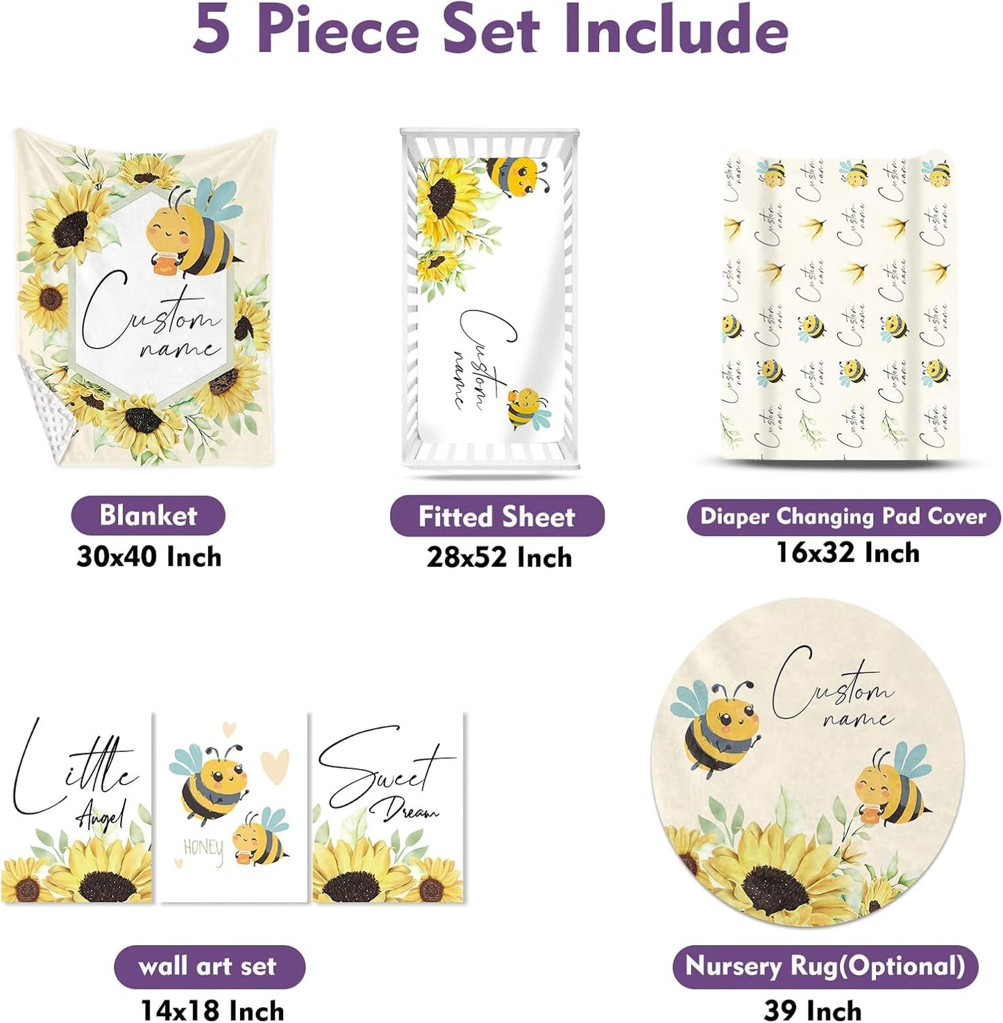 Personalized Baby Crib Bedding Set for Baby Girls, Yellow Bee Pattern Custom Name Baby Crib Sets 5-Pcs, Toddler Double Layer Blanket Fitted Sheets Changing Pad Cover Rug Wall Art Set