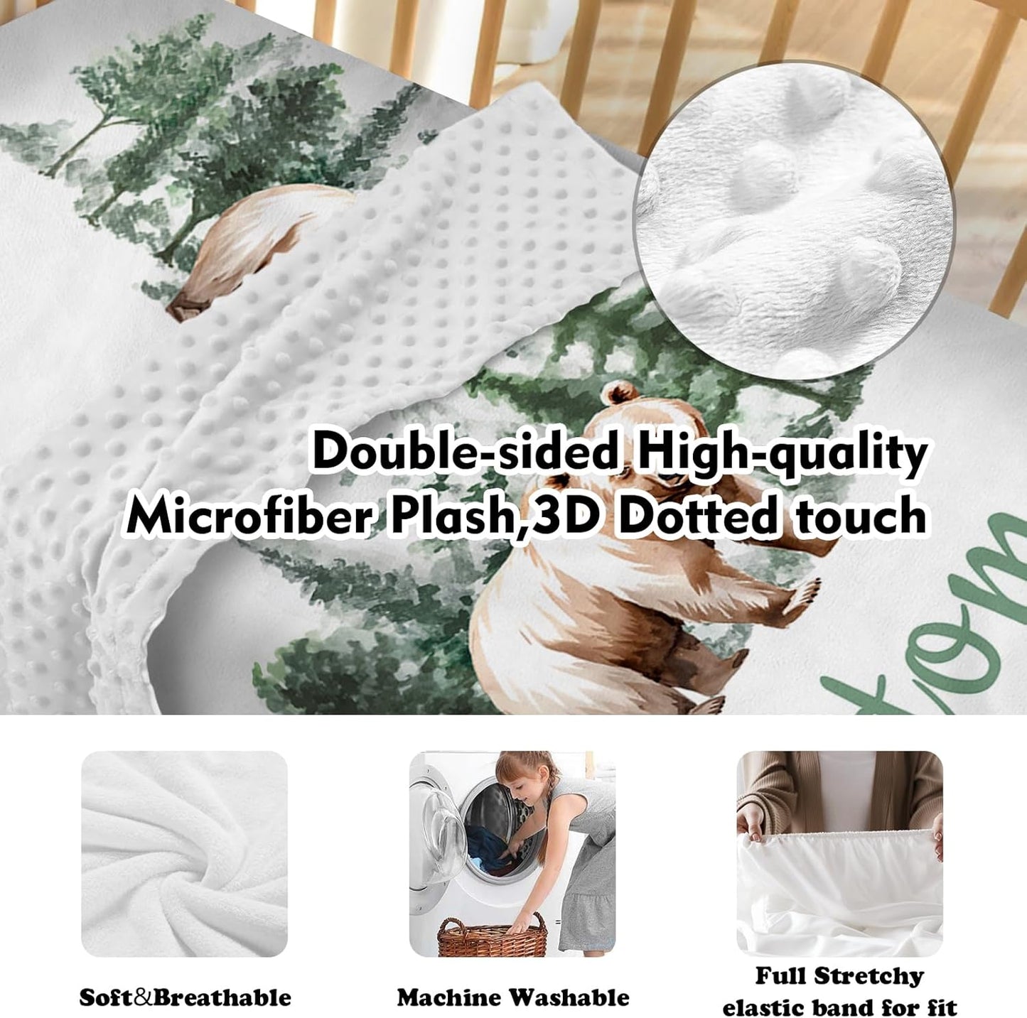 Personalized Baby Crib Bedding Set, 5-Piece Brown Bear Design Baby Crib Sets with Custom Name, Toddler Double Layer Blanket Fitted Sheets Changing Pad Cover Rug Wall Art Set, Charming Nursery Decor