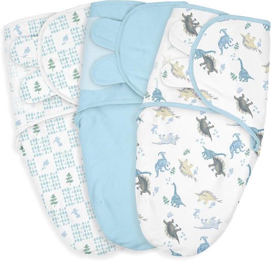Baby Swaddle Sacks, 3-Pack Newborn Organic Cotton Swaddle Wrap, Adjustable Swaddling Blankets, Nursery Swaddling Essentials for Newborn 0-3 Months, Infant Shower Items Gift (Dinosaur & Forest)
