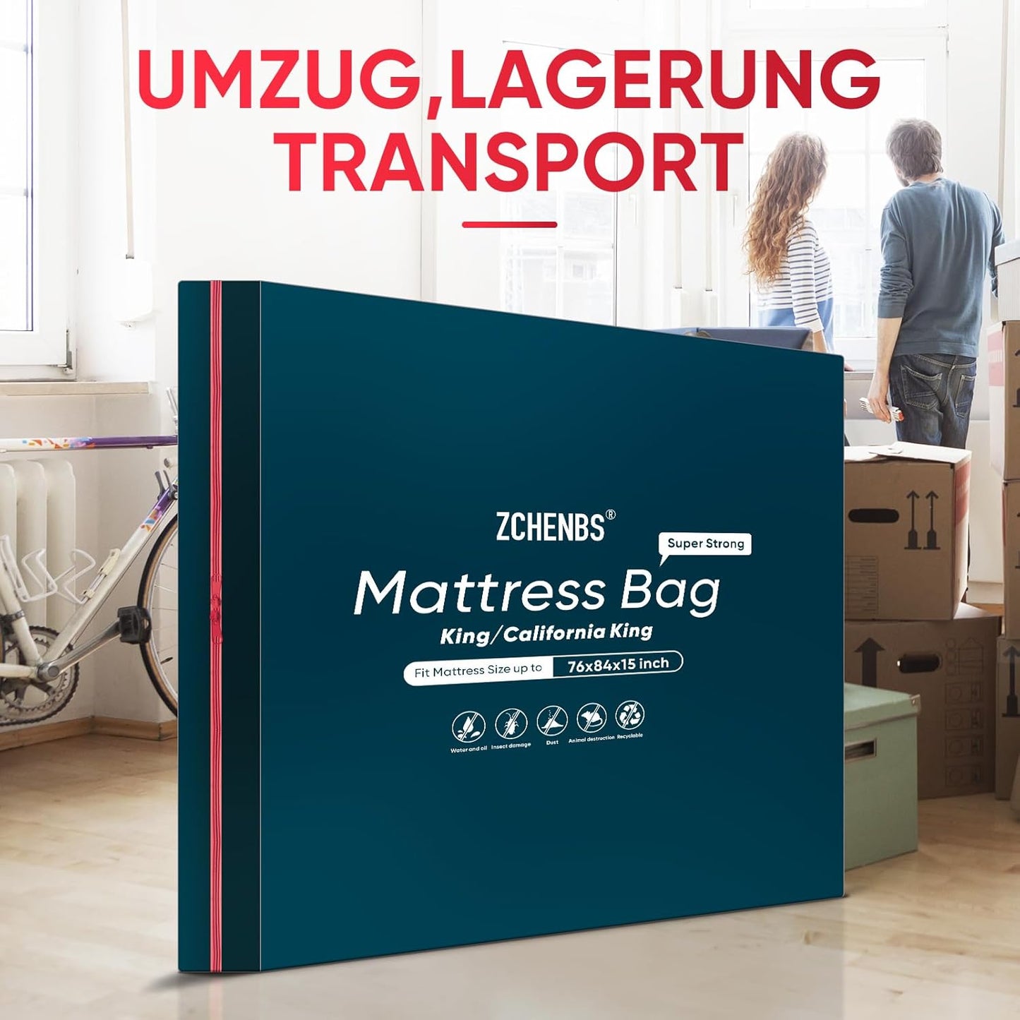 ZCHENBS® – Mattress Bags for Moving and Storage,Mattress Bag with Zippers,5 Mil Ultra-Thick Bed Bag,Waterproof,Anti-Tear,Heavy-Duty Mattress bag (Black, King/California King-(2 Pack))