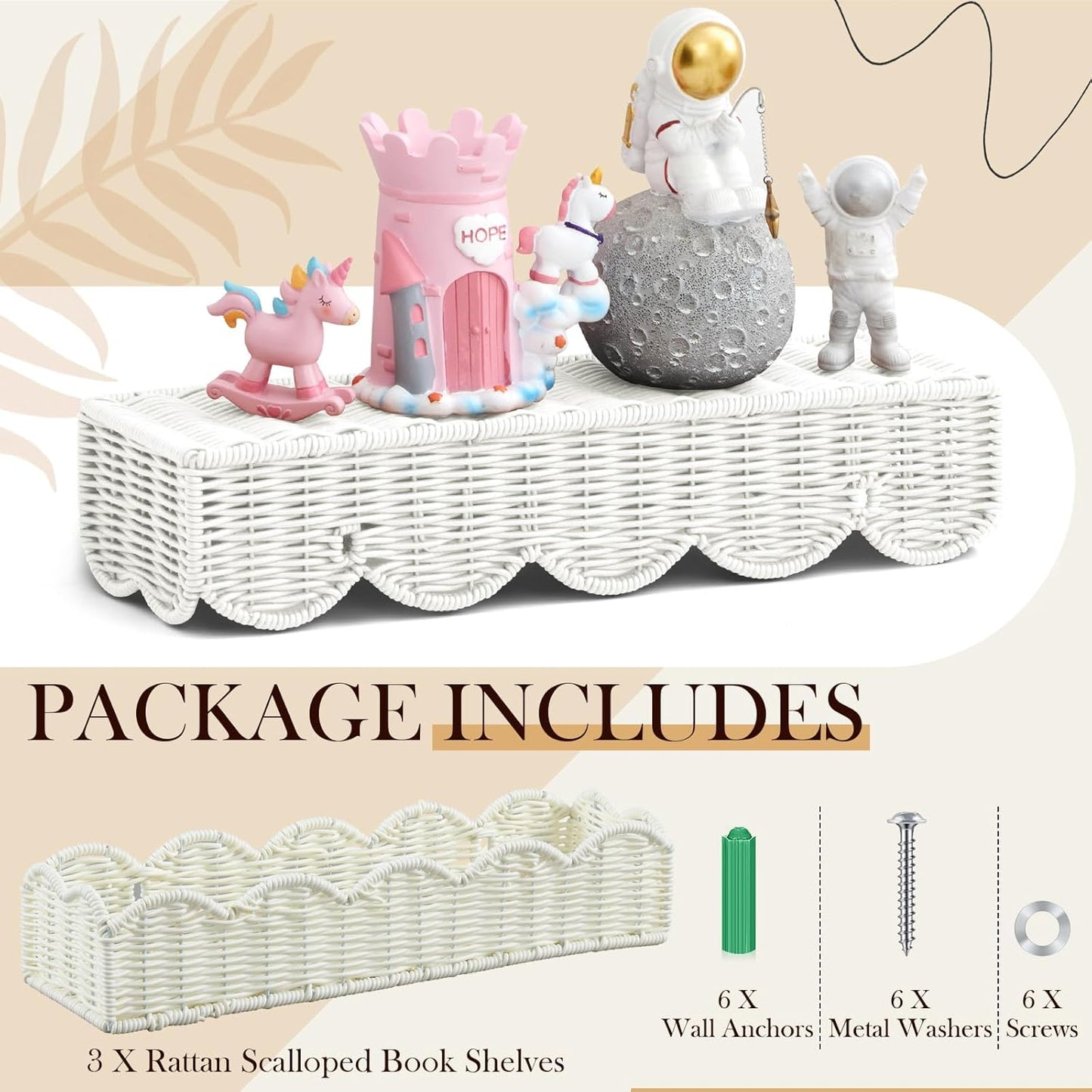 Pinkunn 3 Set Nursery Book Shelves Scalloped Rattan Wall Shelf 15.8 x 3.2 Inch Wall Mounted Plastic Floating Book Shelve, Hanging Boho Wicker Woven Shelf for Nursery Decor and Storage (Classic White)