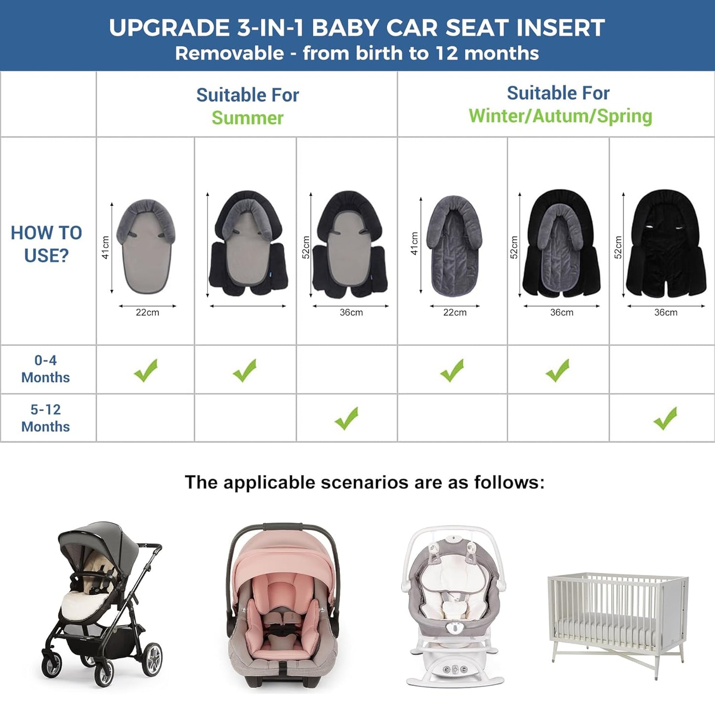 COOLBEBE Upgraded 3-in-1 Babybody Support & Strap Covers Set for Newborn Infant - Extra Soft Car Seat Insert Cushion Pad, Perfect for Carseats, Strollers, Swing, Black