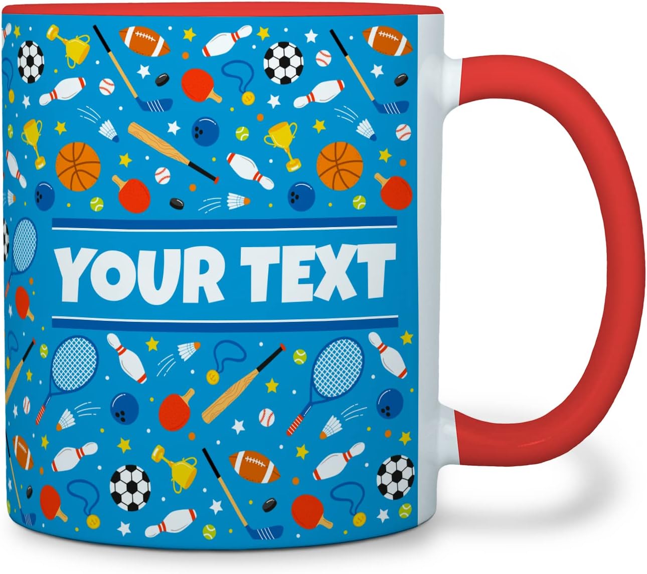 Personalized Mug for Kids - Sports - Custom Name/Text, Ceramic Hot Chocolate/Cocoa/Coffee Cup for Boys/Girls, Birthday/Christmas/Holiday Gift - 11 oz, Red Handle