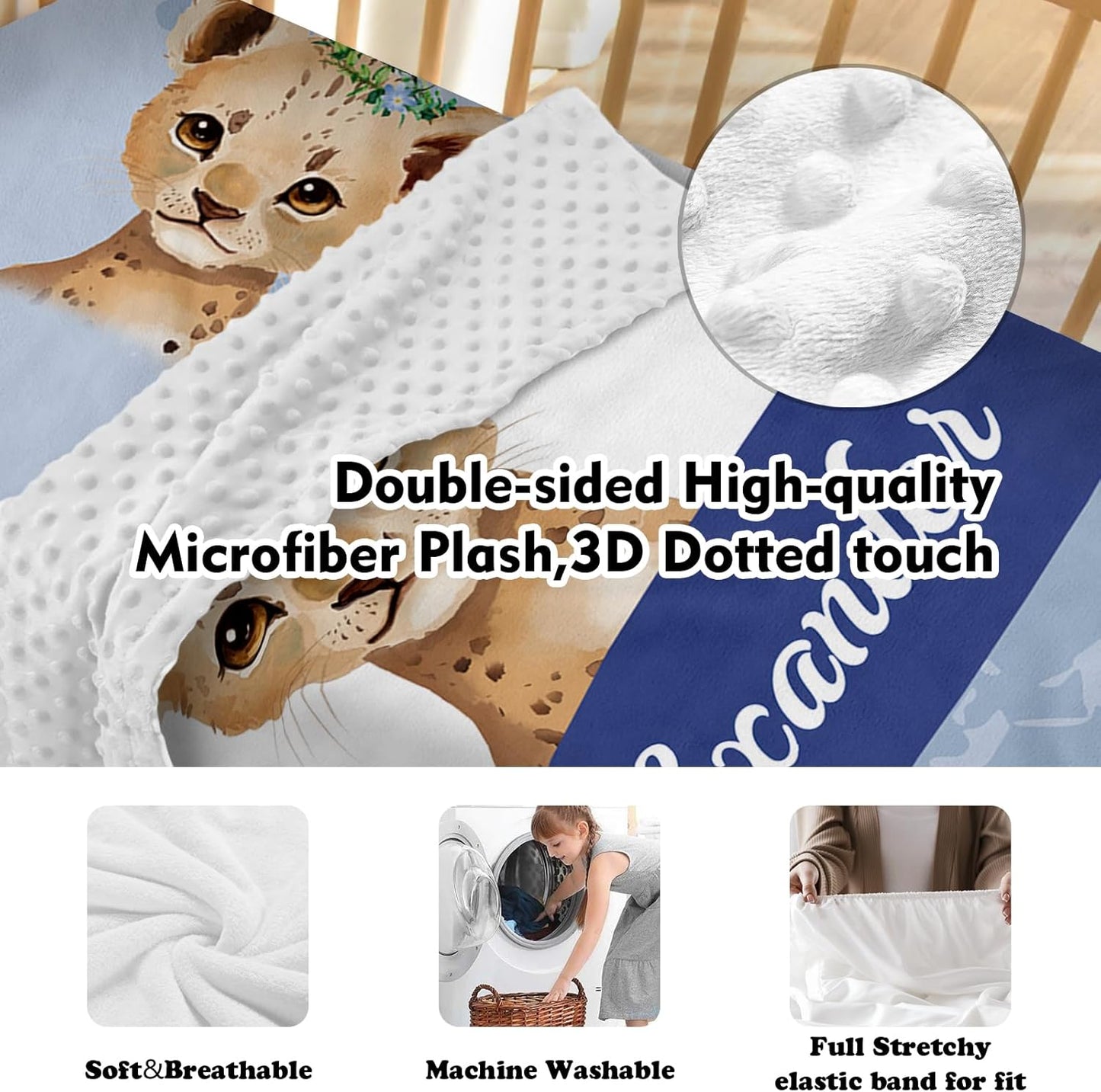 Personalized Baby Crib Bedding Set for Baby Boys Girls, Blue Leopard Pattern Custom Name Baby Crib Sets 5-Pcs, Toddler Double Layer Blanket Fitted Sheets Changing Pad Cover Rug Wall Art Set