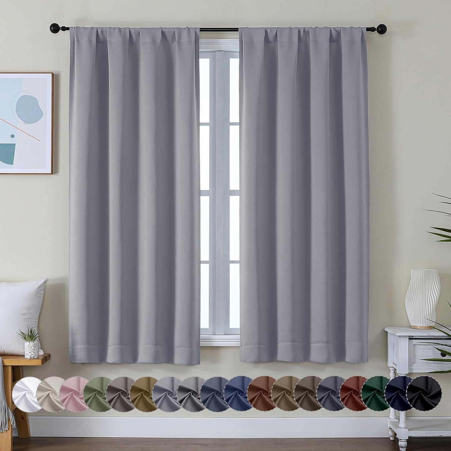 Simplebrand Ava Silver Grey Blackout Curtains for Bedroom 63 Inch Length 2 Panels, Solid Thermal Insulated Energy Saving Rod Pocket Window Treatment Curtains Blackout Drapes, W40 x L63 Inch, Silver