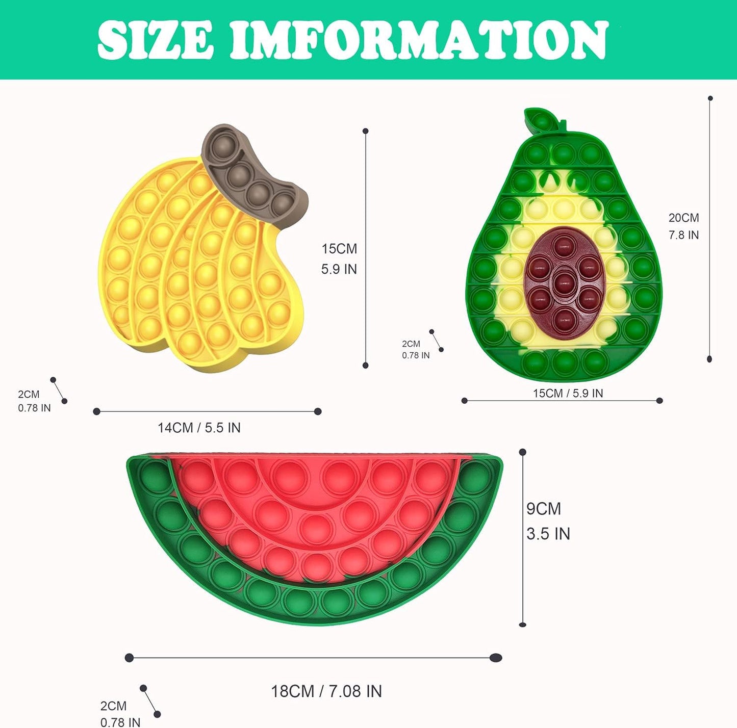 QETRABONE Fidget Sensory Bubble Stress Toy, Fidget Push Toy for Kids, Silicone Fidget Stress Toys for Autistic Children Adult Squeeze Toy Autism (Banana+Avocado+Watermelon)