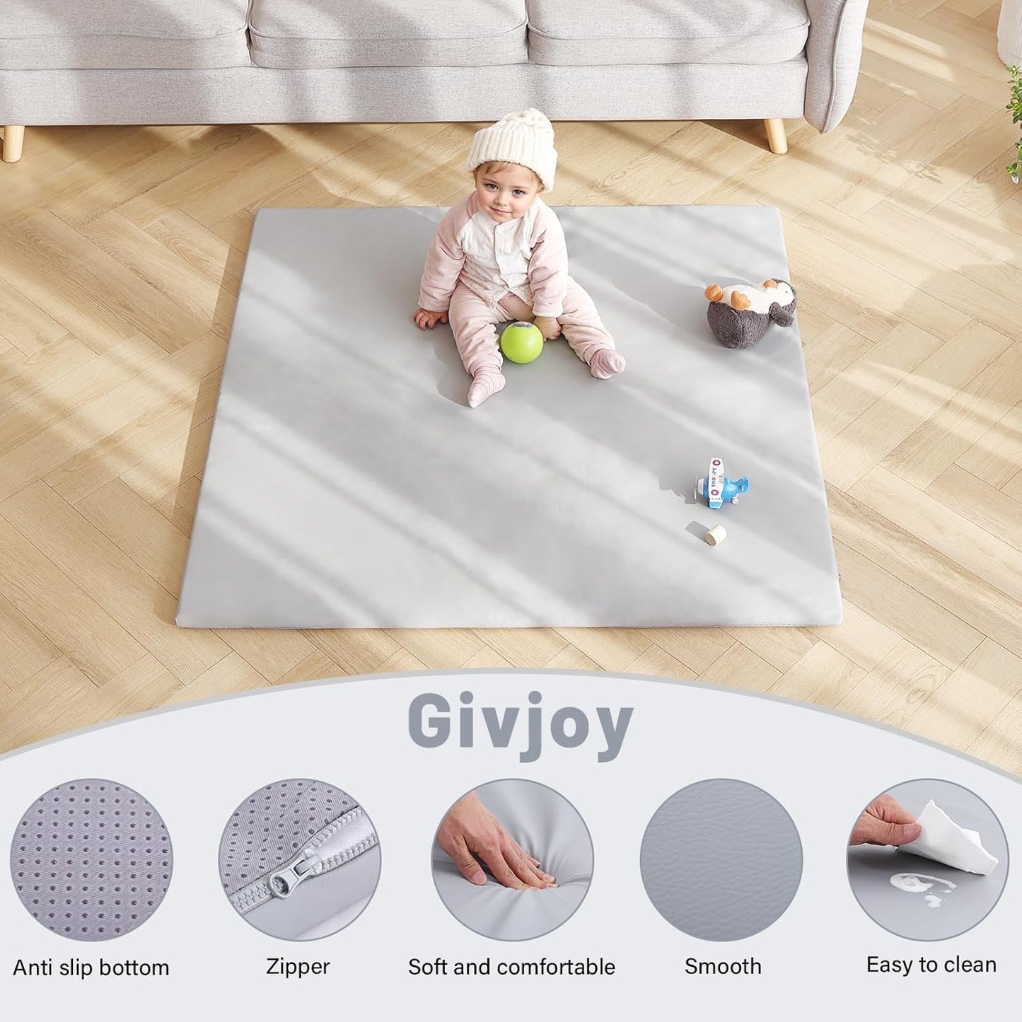 Baby Play Mat 48"x48" – Thick, Non-Slip Foam Mat for Babies and Toddlers. Foldable, Scrubbable, Odorless, and Soft, Ideal for Playpens, Crawling, and Indoor Playtime-Grey