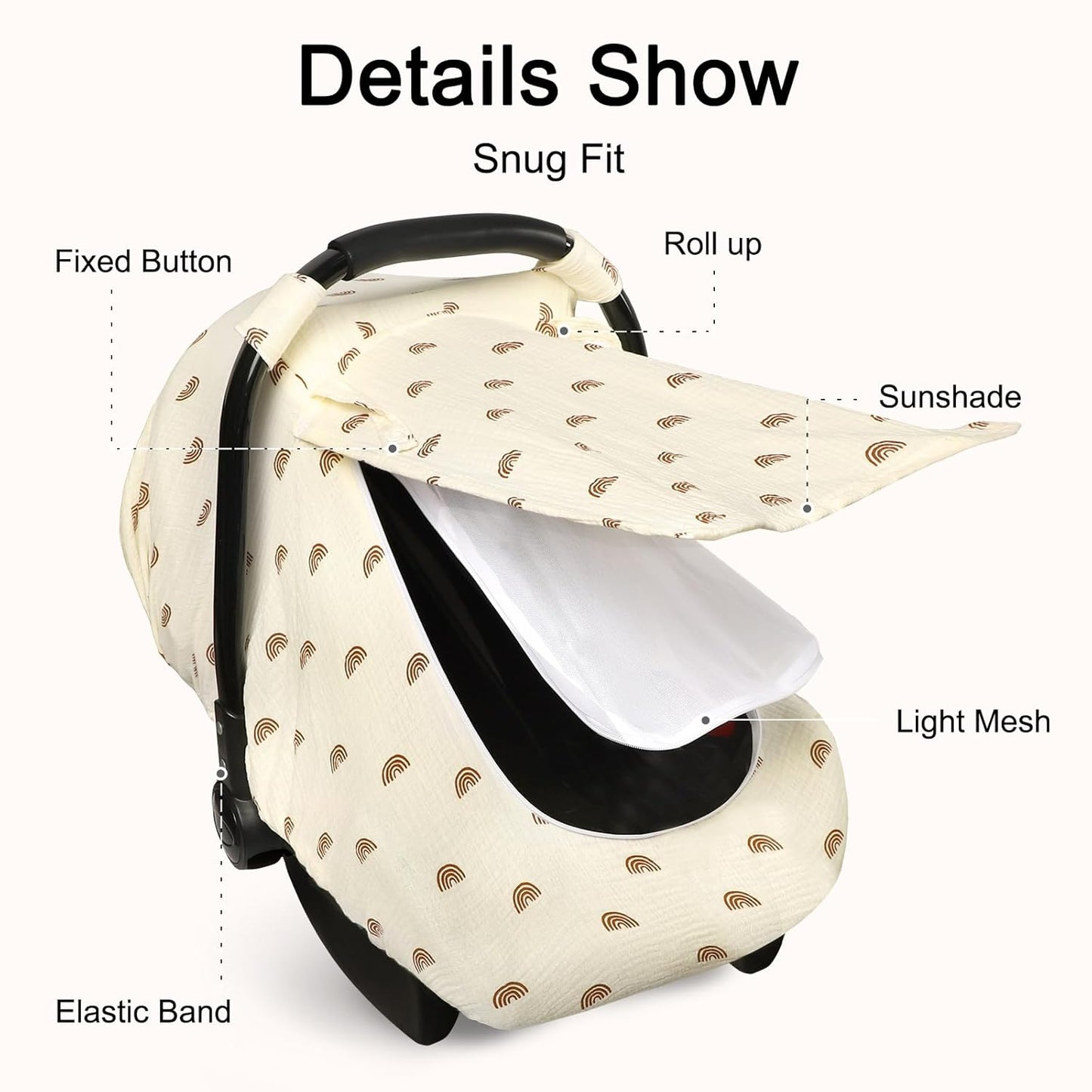 Hooyax Muslin Car Seat Cover Baby - Breathable and Privacy Car Seat Canopy with 3 Modes - Easy Install & Gift Box Packaging, Universal Fit for Infant Car Seats, Rainbow