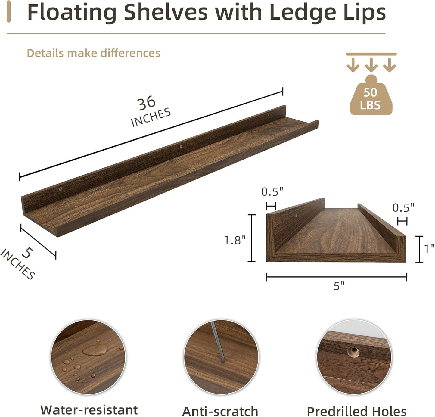 Picture Ledge Shelf, Wood Floating Shelves Set of 2, 36 inch Picture Ledge Shelves, Photo Ledge Nursery Book Shelves Wall Mounted for Living Room Kids' Room Bedroom, Color Walnut