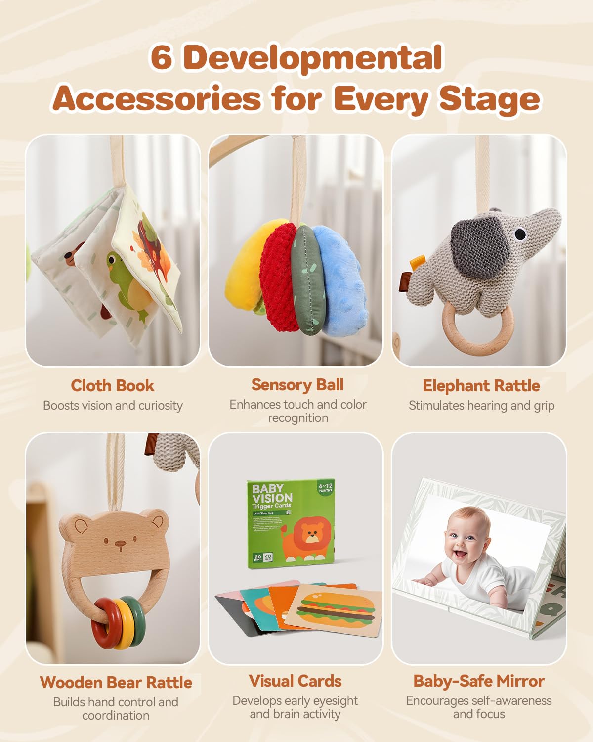 Wooden Baby Play Gym & Tummy Time Playmat – Montessori Sensory Activity Mat with 6 Developmental Toys for Fine Motor Skills – for Newborns to Toddlers (0–12M+)