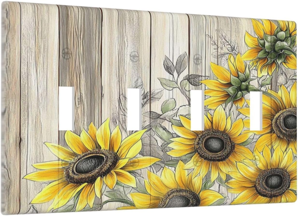 Light Switch Covers Floral Sunflower Rustic Flower Vintage Wood Quad Toggle Electrical Faceplate 4 Gang Wall Plate Decorative Switch Plates For Farmhouse Cabin Decor
