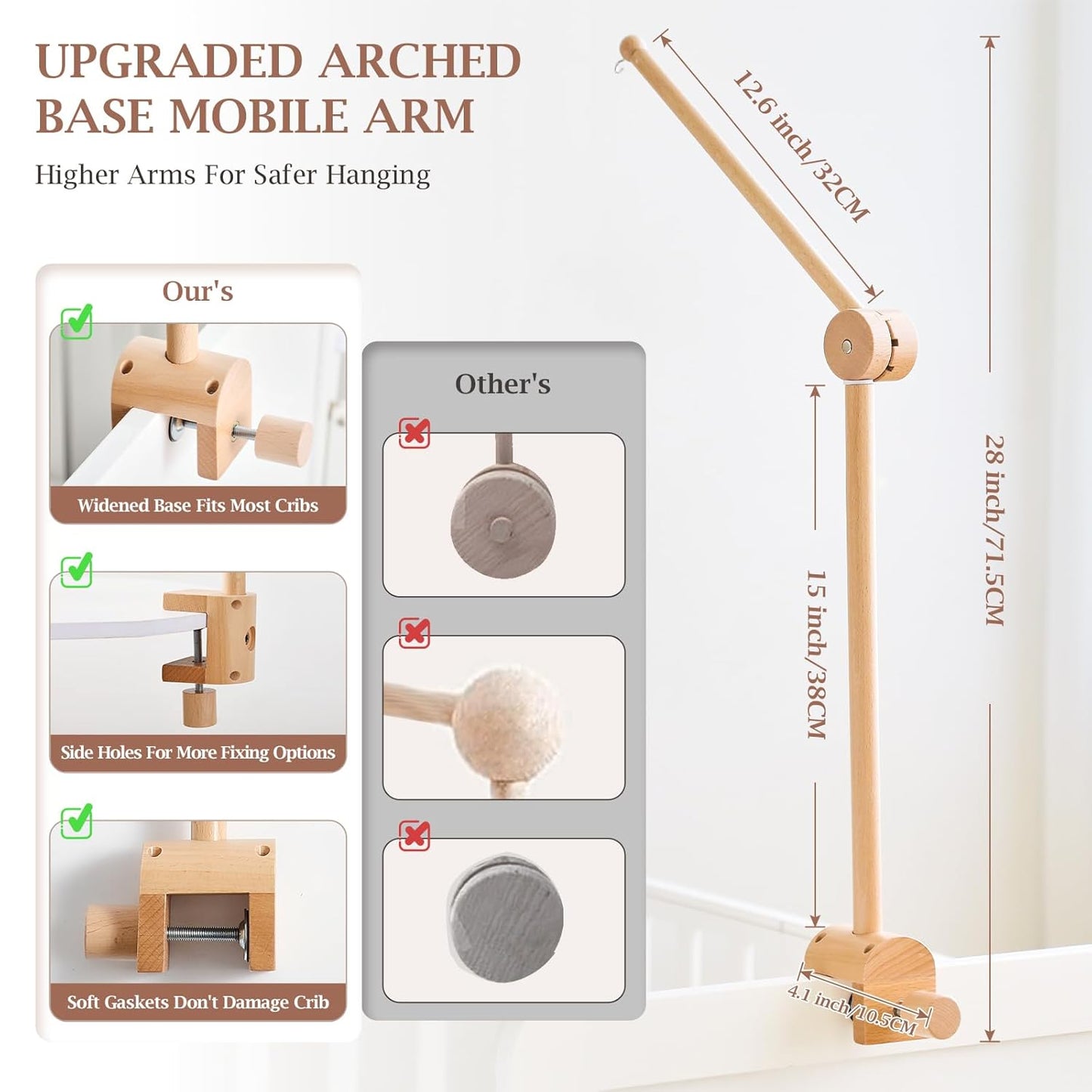 Baby Crib Mobile Arm - Wooden Mobile Arm with Height Adjustable＆360° Rotatable Upgraded Arched Base Nursery Mobile Holder for Crib Mobile Hanger Baby Crib Attachment Nursery Decor