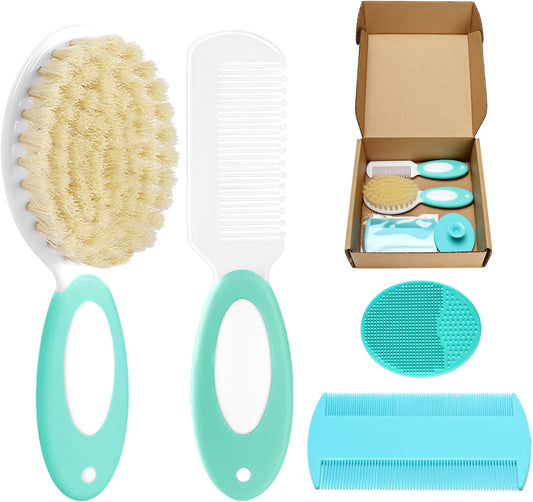 Baby Hair Brush and Comb Set, 4Pcs Baby Soft Bristles Hairbrush Cradle Cap Brush Hair Comb for Newborns Toddlers Boys Girls (Green)