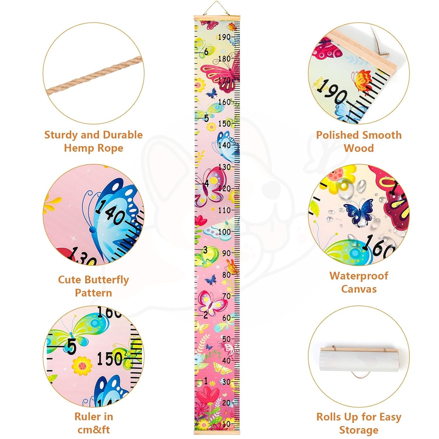 Kids Growth Chart Height Measuring Chart, Butterfly Canvas Wall Hanging Rulers for Baby Children Girls Bedroom Decor 74.8''* 7.87'' (Butterfly)