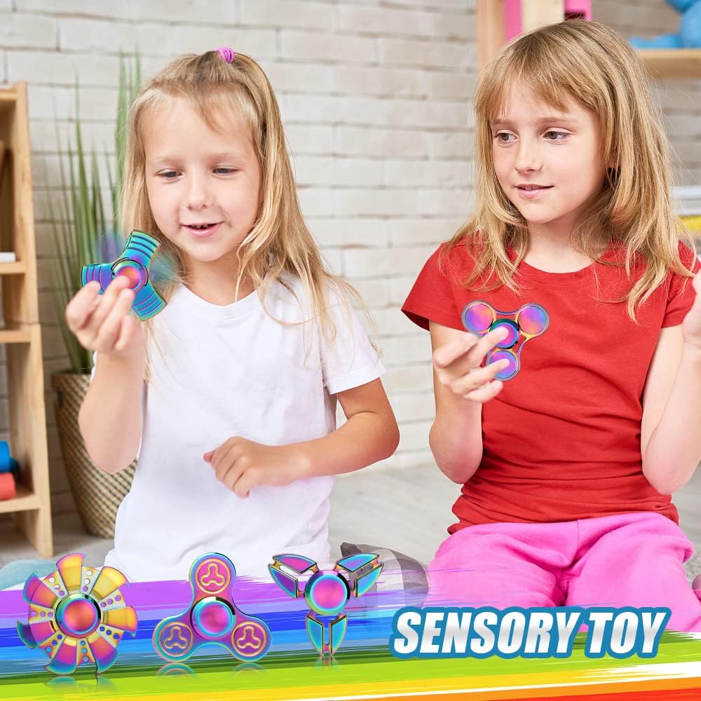 7 Pack Rainbow Fidget Spinners Pack Stress Relief Toys for Kids Adults, Finger Hand Spinner Metal Fidget Bulk Set Desk Toy for Anti-Anxiety Focus, Cool Small Gadget Novelty Gifts Party Favor