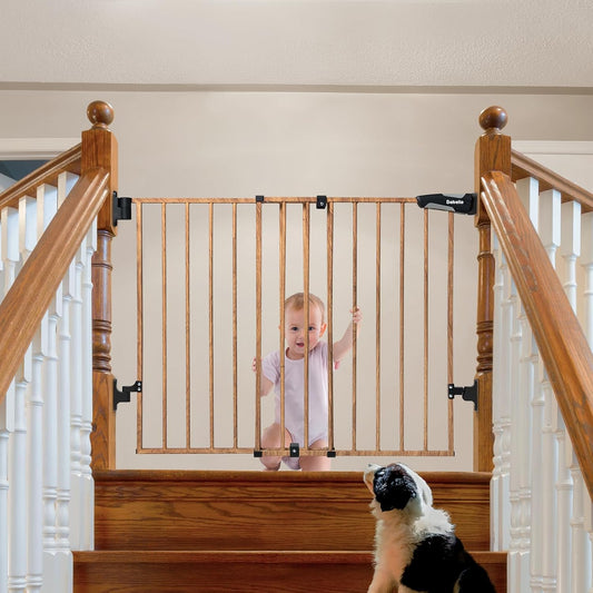 Babelio 26-43" No Bottom Bar Baby Gate for Babies, Elders and Pets, 2-in-1 Hardware Mount Dog Gate for The House, Stairs and Doorways, with Large Walk Thru Door, Brown Wood Pattern