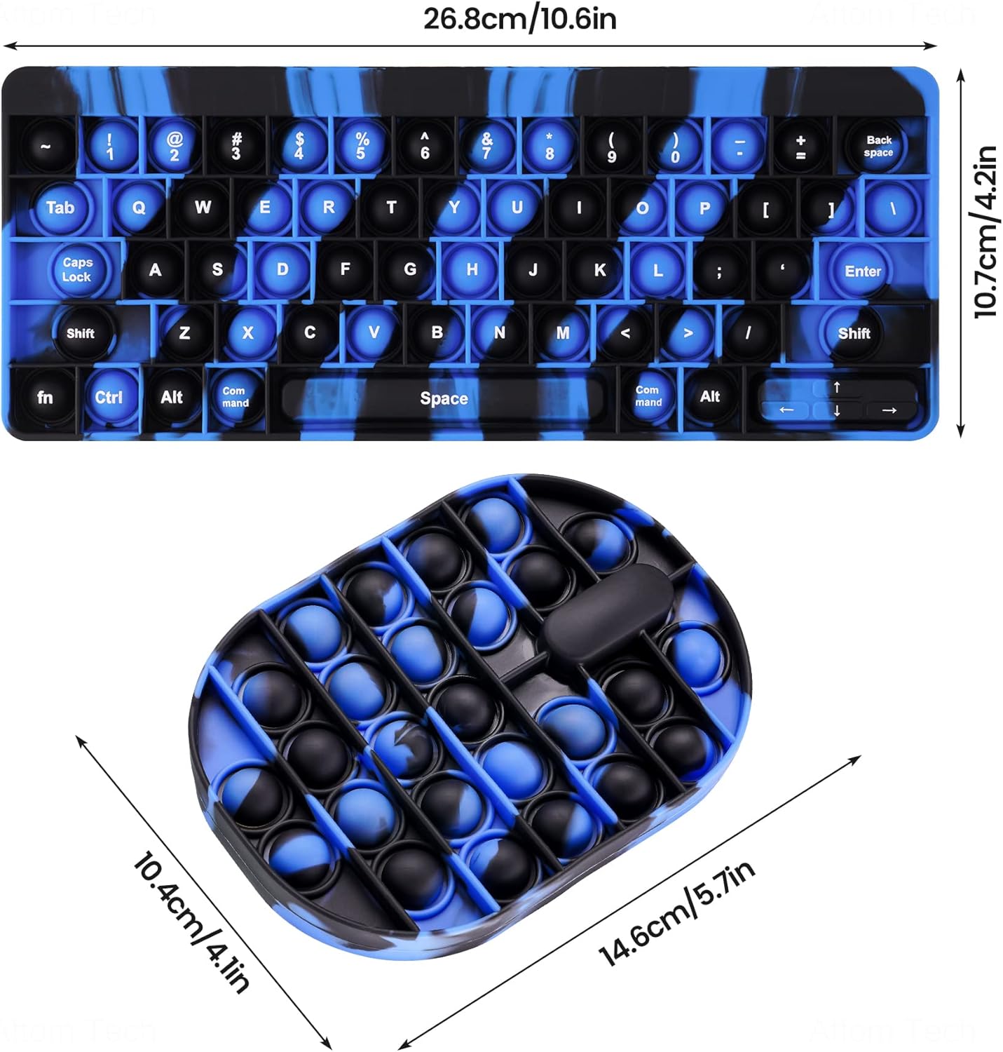 2PCS Mouse & Keyboard Push Pop Bubble Fidget Sensory Toys, Large Bubble Silicone Computer Accessory with Alphabet Number Squeeze Toy Stress Anxiety Relief Early Learning (Tie-Dye Blue/Black)