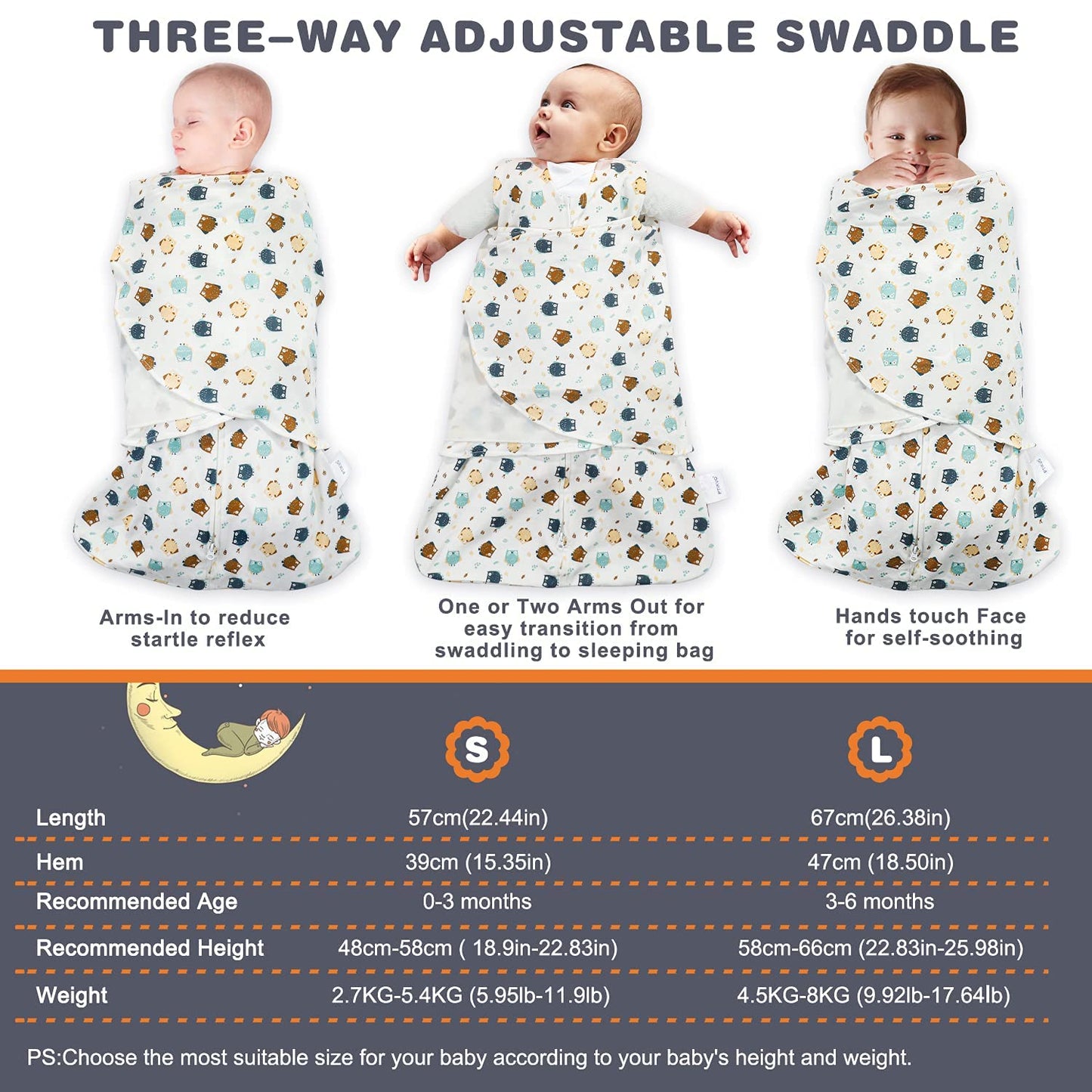 Swaddle-Blanket Baby Girl & Boy Swaddles Newborn Infant Transition 100% Cotton Wrap Blankets, 3-Way Adjustable Wearable Blanket, TOG 1.0 (Owl 0-3 Month)