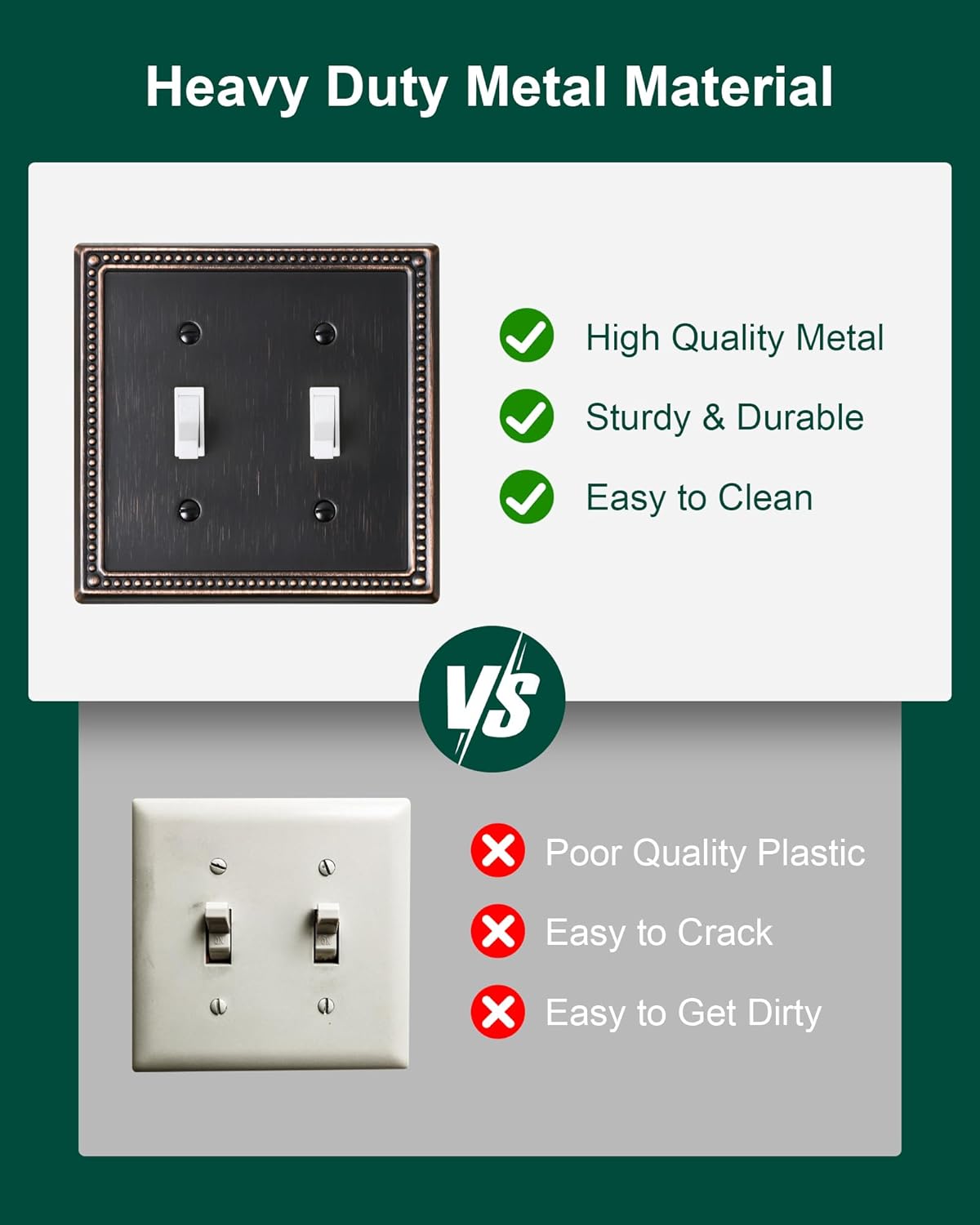 2-Pack Double Toggle Light Switch Cover Plate, Pearls Decorative Dual Switch Plate Covers, Aged Bronze 2 Gang Metal Wall Plate, Corrosion Resistant