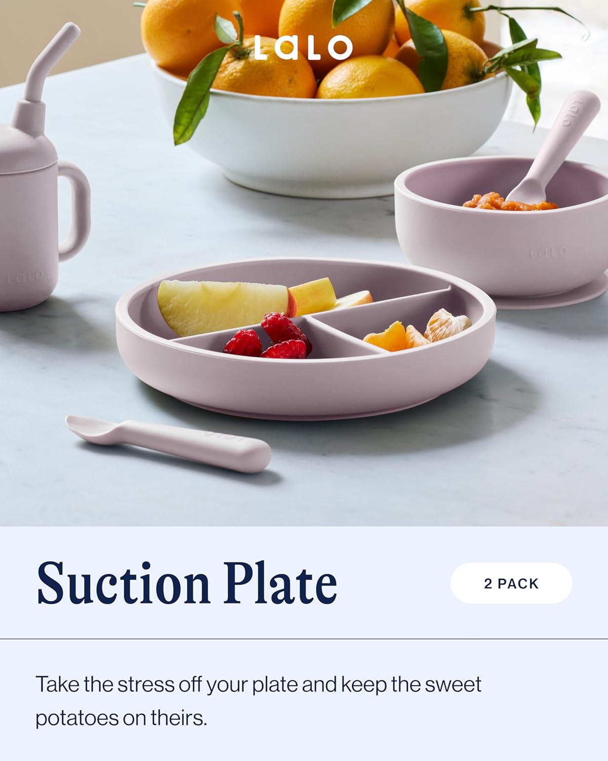 Lalo Suction Plates - 2 Pack, 100% Silicone Non-Toxic BPA-Free Baby Plates with Suction Base To Prevent Accidental Tip-Overs - Suction Plates for Toddlers With Three Divided Sections - Lavender