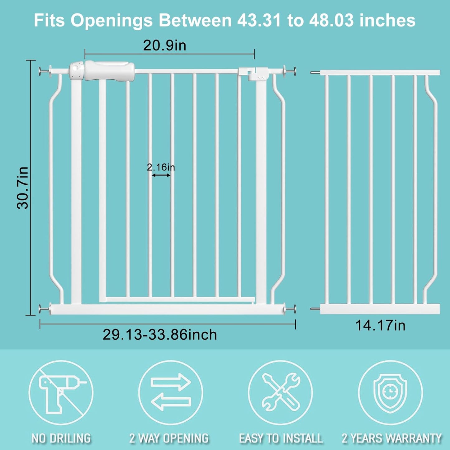 WAOWAO Baby Gate 43.31-48.00" Extra Wide Pressure Mounted Walk Through Swing Auto Close Safety White Metal Toddler Kids Child Dog Pet Puppy for Stairs,Doorways,Kitchen