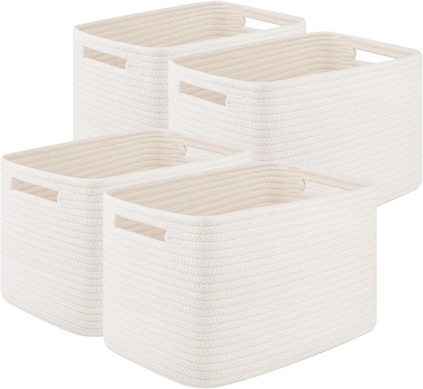 Storage Baskets for Organizing, Woven Decorative Baskets for Shelves - Books, Towels, and Clothes, Cotton Rope Toy Storage Bins, 12.7''Lx9''Wx7.8''H, Pack of 4, White