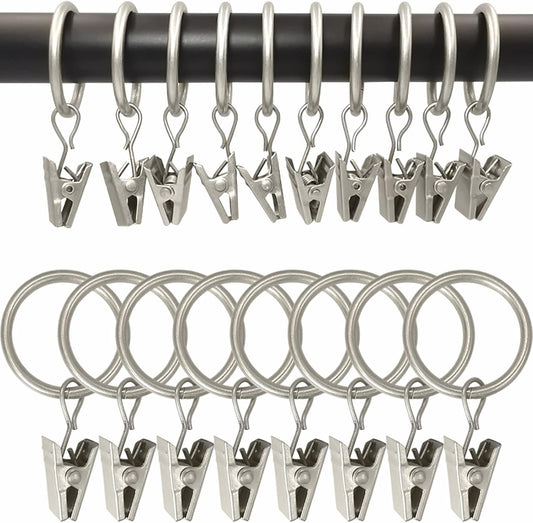 100 Pack Matte Silver Curtain Rings with Clips, Curtain Hooks Hangers Clip Rings for Hanging Drapes Bows Hat, Drapery Rings 1 in I D, Fits up to 5/8 in Diameter Curtain Rod.