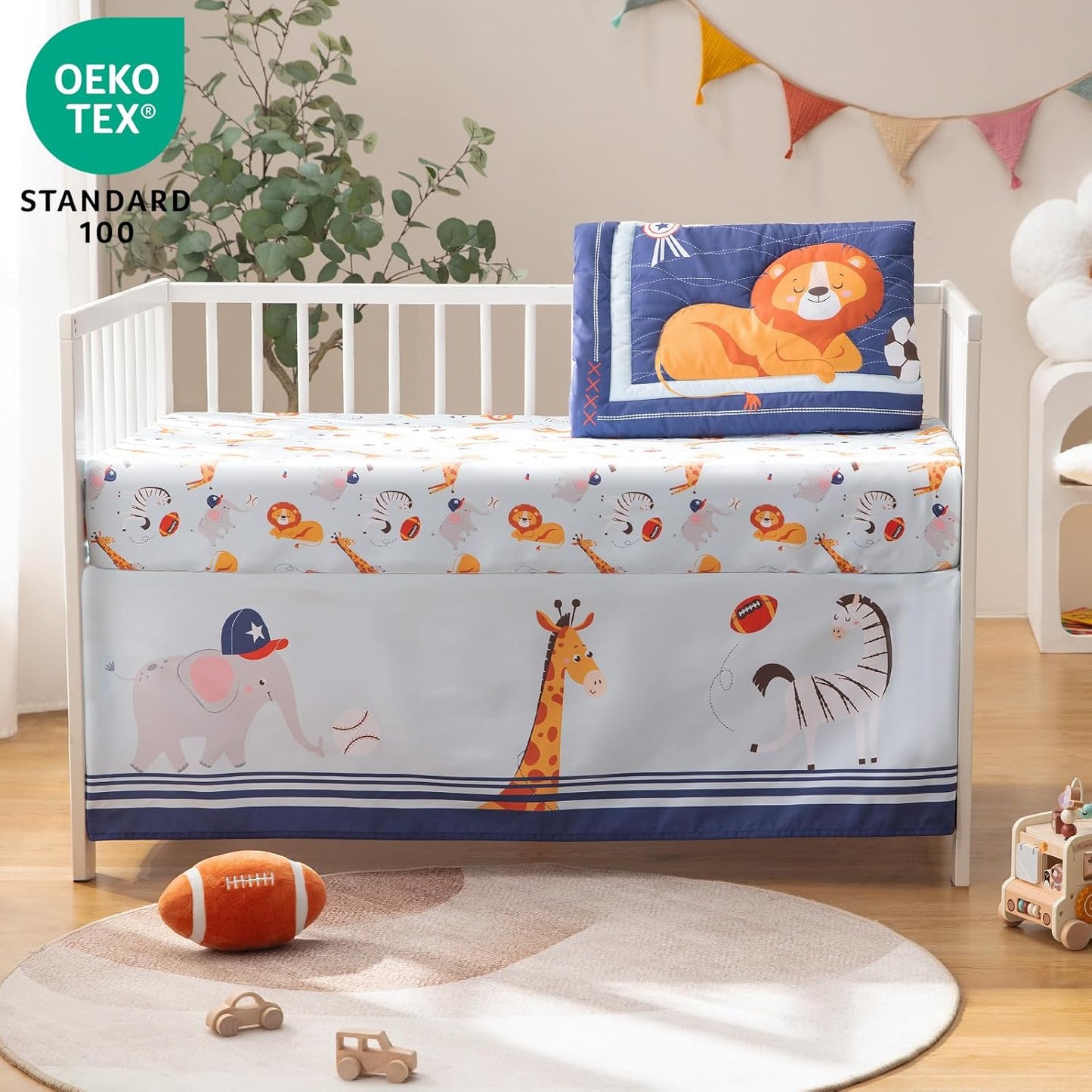 4 Piece Crib Bedding Set for Boys Girls, Infant Toddler Nursery Baby Bedding Sets Includes Cartoon Quilt, Fitted Crib Sheet, Crib Skirt and Plush Football Toy (MVP)