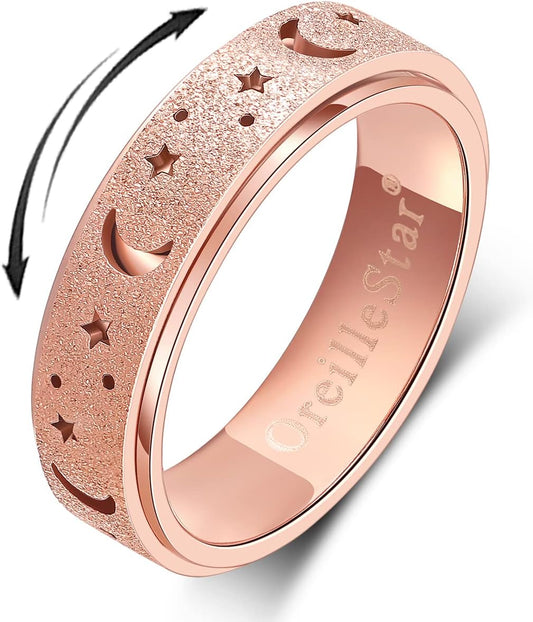 OreilleStar Anxiety Ring for Women Spinner Ring: Fidget Toys Adults Fidget Ring Titanium Stainless Steel Thumb Rings for Women Men Moon Star Rose Gold