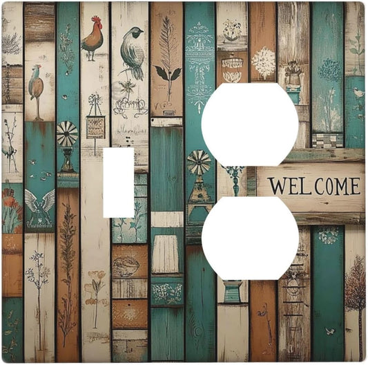Wallplates Vintage Wood Brown Turquoise Splicing 1 Toggle 1 Duplex Switch Plate Electrical Gfci Faceplate Decorative Light Switch Covers For Farmhouse Cabin Decor