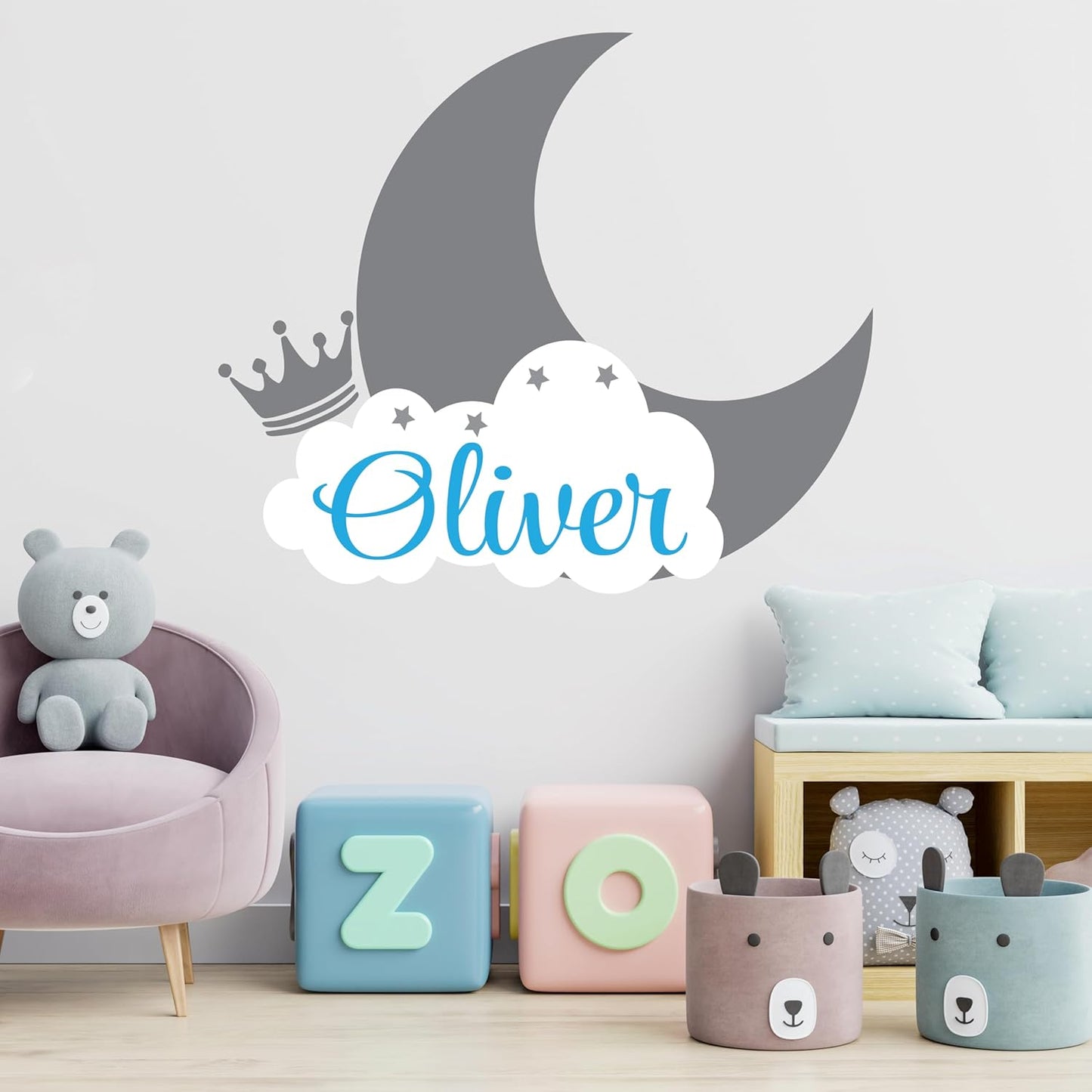 Personalized Name Moon & Cloud Wall Decal - Custom Baby Nursery Sticker - Peel and Stick Mural for Girls & Boys Room - Removable Vinyl Art Decor - Mural Decal for Nursery Decor (Wide 15"x12" Height)