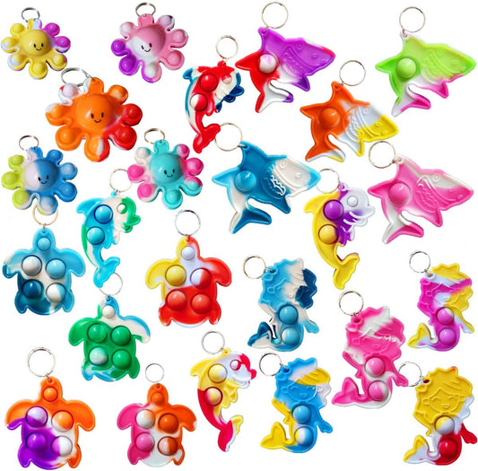 Bulk 25 Packs Ocean Animal Fidget Mini pop Keychain Rainbow Sensory Push Toy for Friend Birthday Summer Party Favors and Holiday Children Kids Students Small Prize Gift