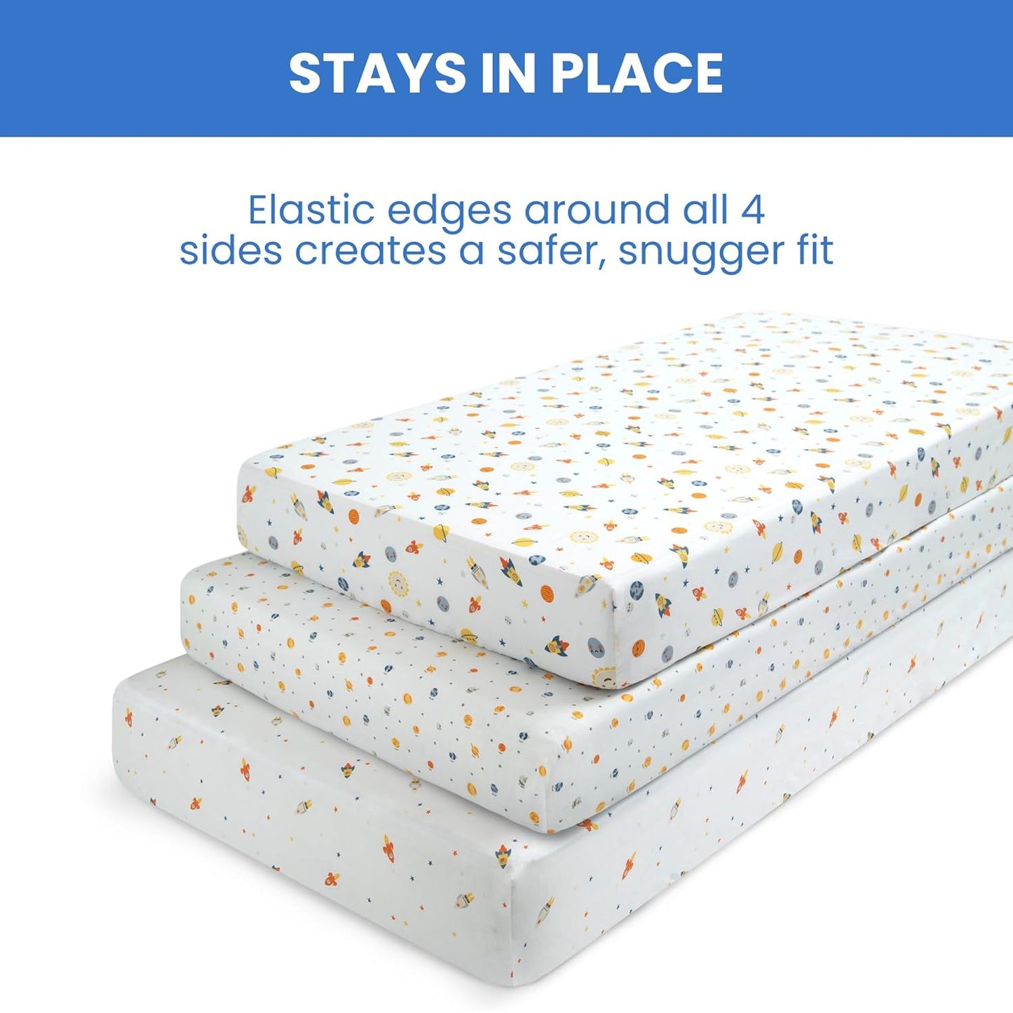 Delta Children Fitted Crib Sheets for Girls and Boys - Crib Sheet for Standard Crib and Toddler Mattresses - 28x52 Inch (Pack of 3), Space Exploration