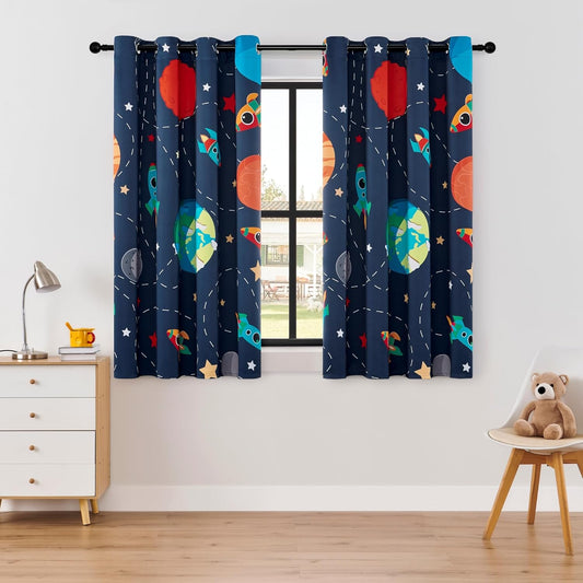 Kids Space Themed Blackout Curtains - 100% Blackout Perfect for Bedroom, Spark Kids Imagination with Vibrant Cosmos Designs, Noise Reduction, Thermal Insulated, (2 Panels W52×L63)
