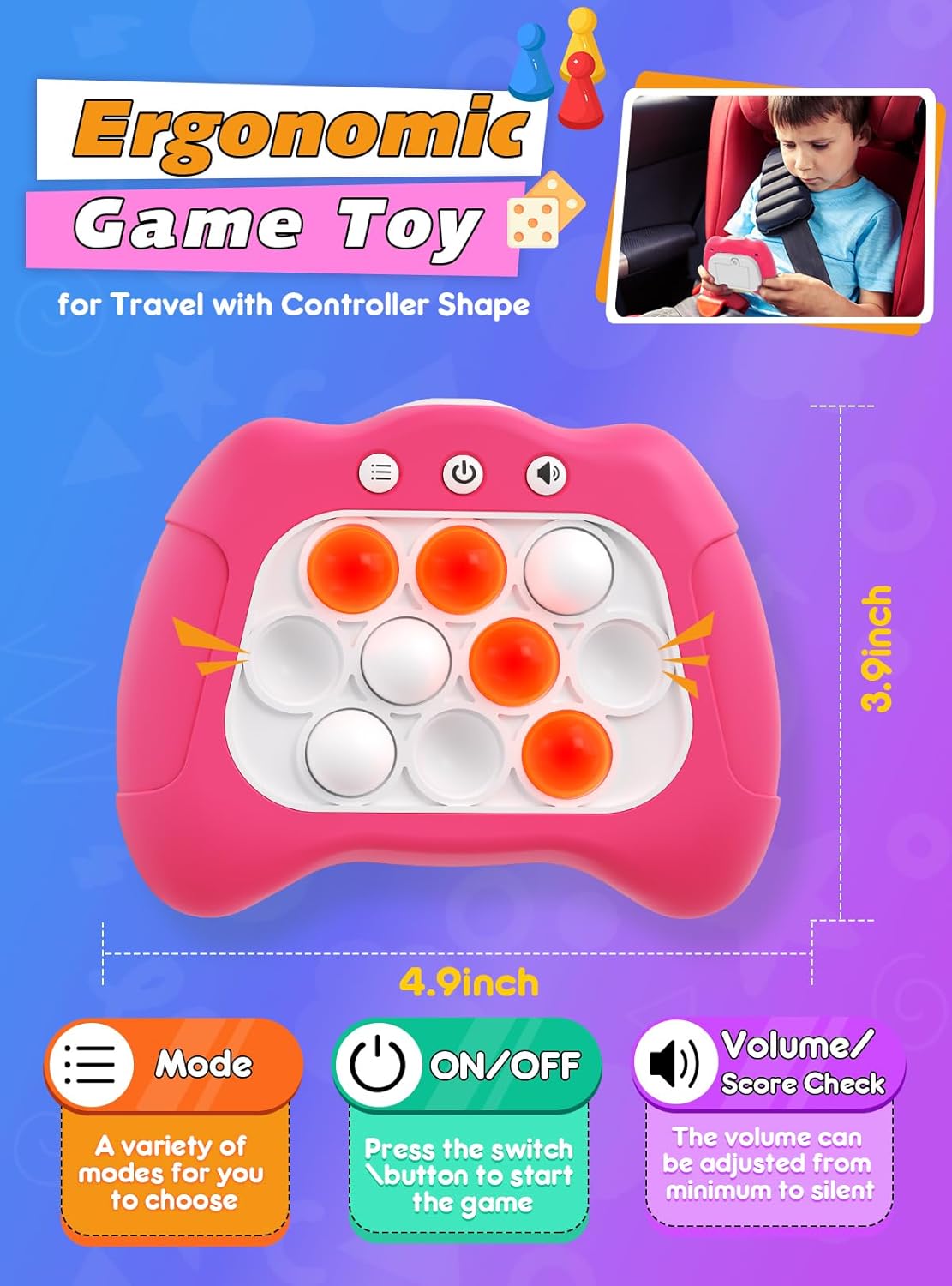 Fast Push Bubble Up Fidget Toy, Electronic Light Up Game Console, Cool Birthday Gifts for 6 7 8 9 10-12 Year Boys and Girls Stress Toy, Concentration Speed Puzzle Game for Family Party-Pink