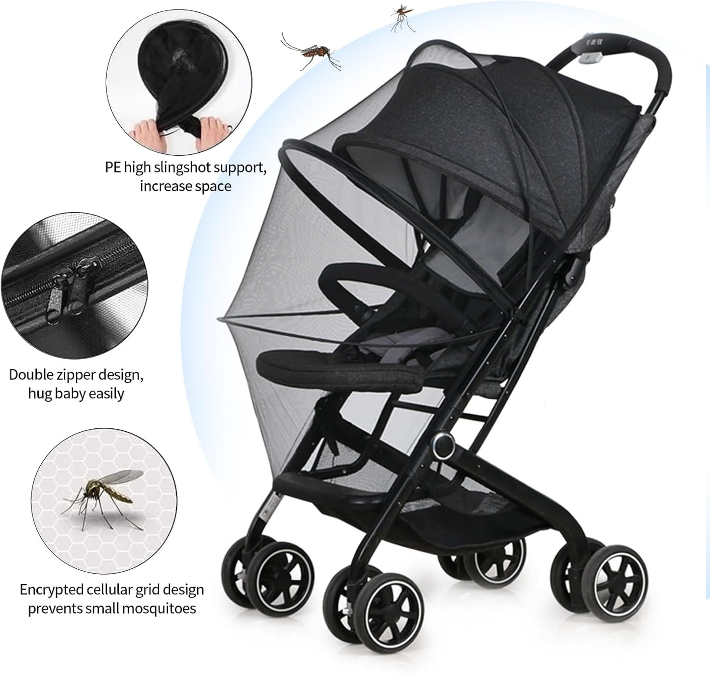 Mosquito Net for Stroller,Encrypted Stroller Mosquito Net Full Cover with Double Zipper,Breathable & Foldable Netting for Baby Cover(Black)
