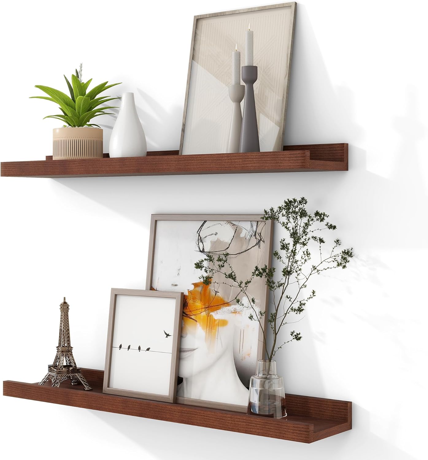 Solid Ash Wood Picture Ledge Shelf, 24 Inch Floating Shelves with Lip Set of 2, Photo Ledge Shelf Nursery Bookshelf Wall Mounted for Living Room Bedroom Decor, Walnut