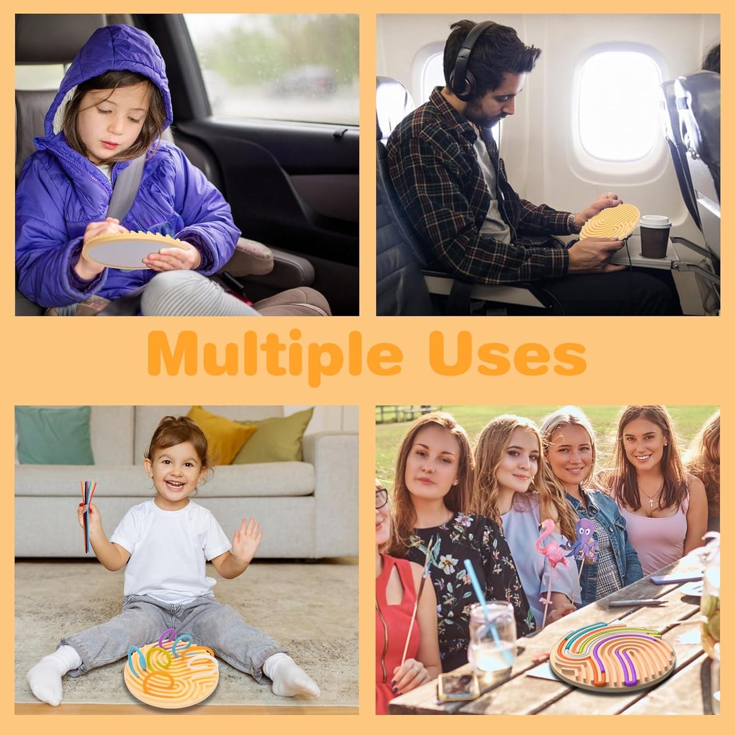 Sensory Activity Board Silicone Fidget Toys with Travel Bag and 13 Strings for Adults Kids Anxiety Relief Stress, ADHD & Autism (Beige, 6.6in)