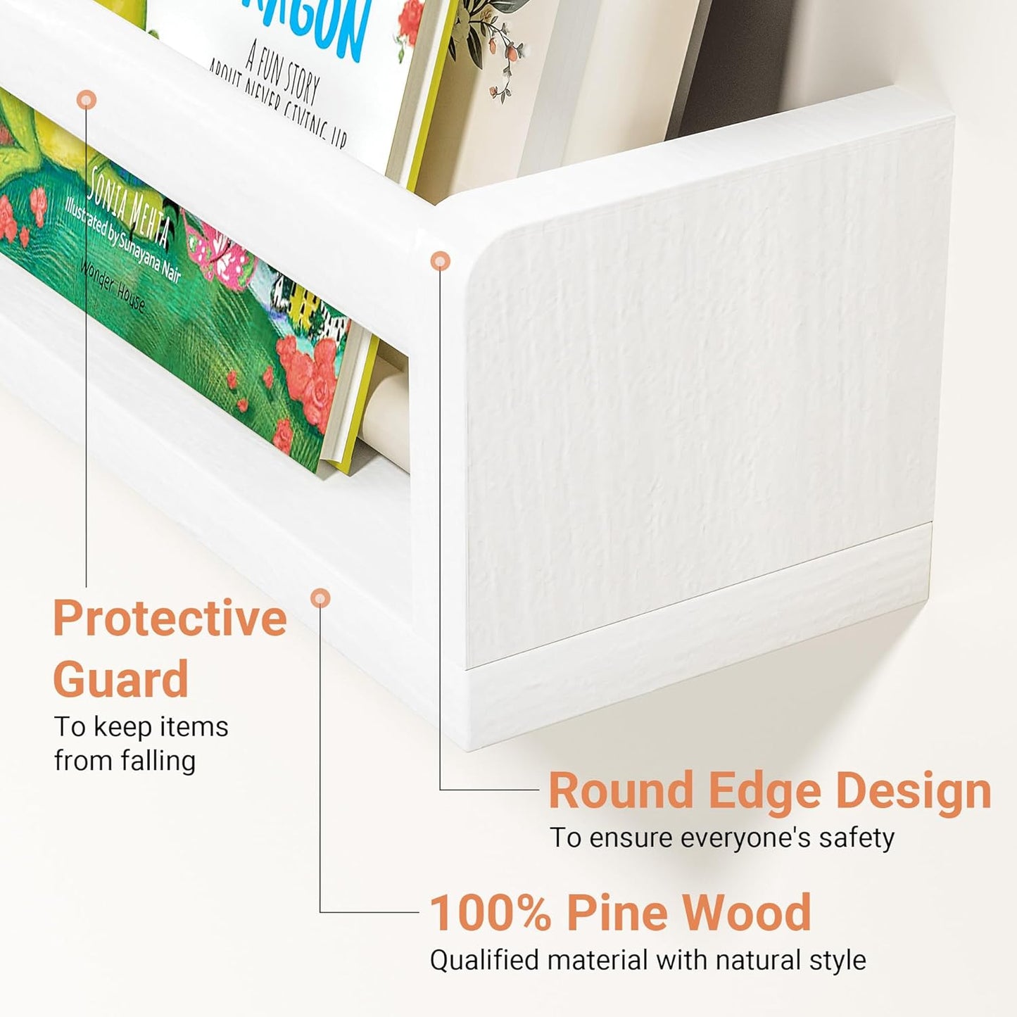 Heimlove Nursery Floating Shelves, White Nursery Book Shelves for Wall, 24 inch Wall Bookshelf for Kids Solid Wood Wall Mounted Shelves for Books,Toys and Decor Storage, Set of 3