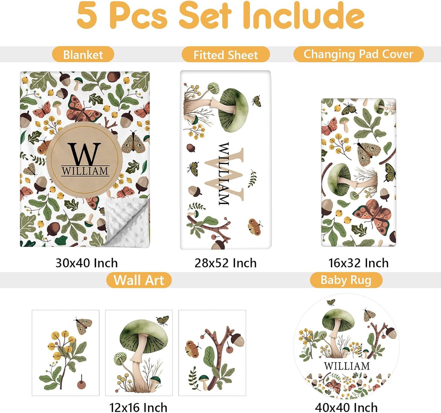 Personalized Crib Bedding Set, 5 Pcs Custom Nursery Bedding Sets with Name, Infant Bedding Set for Baby Boy Girl, Mushroom Double Layer Baby Crib Set, Babies Toddlers Kids Customized Gifts