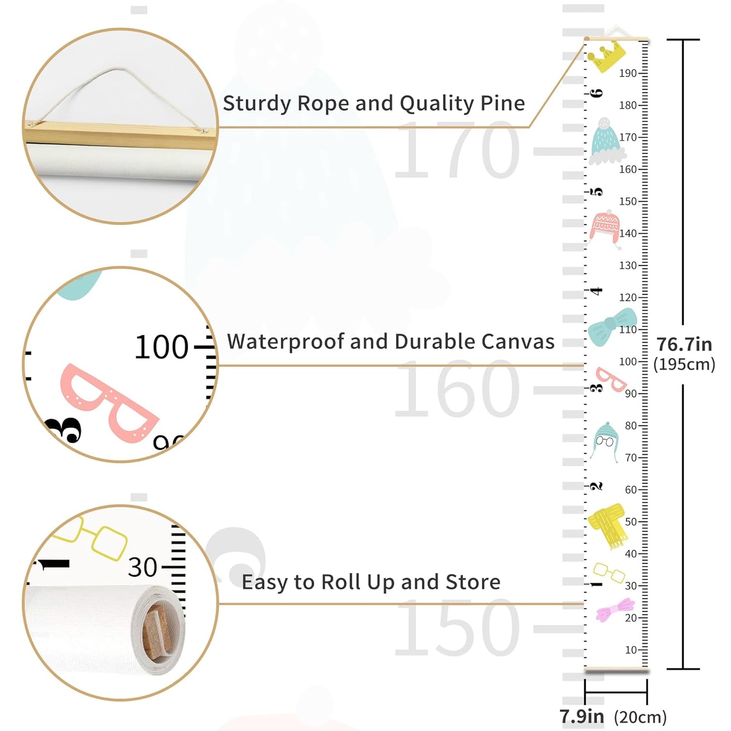 Kids Growth Chart for Wall 79"x7.9" Premium Canvas Removable Height Chart for Kids Height Measurement for Wall, Height Chart for Kids & Babies, Kids Height Wall Chart