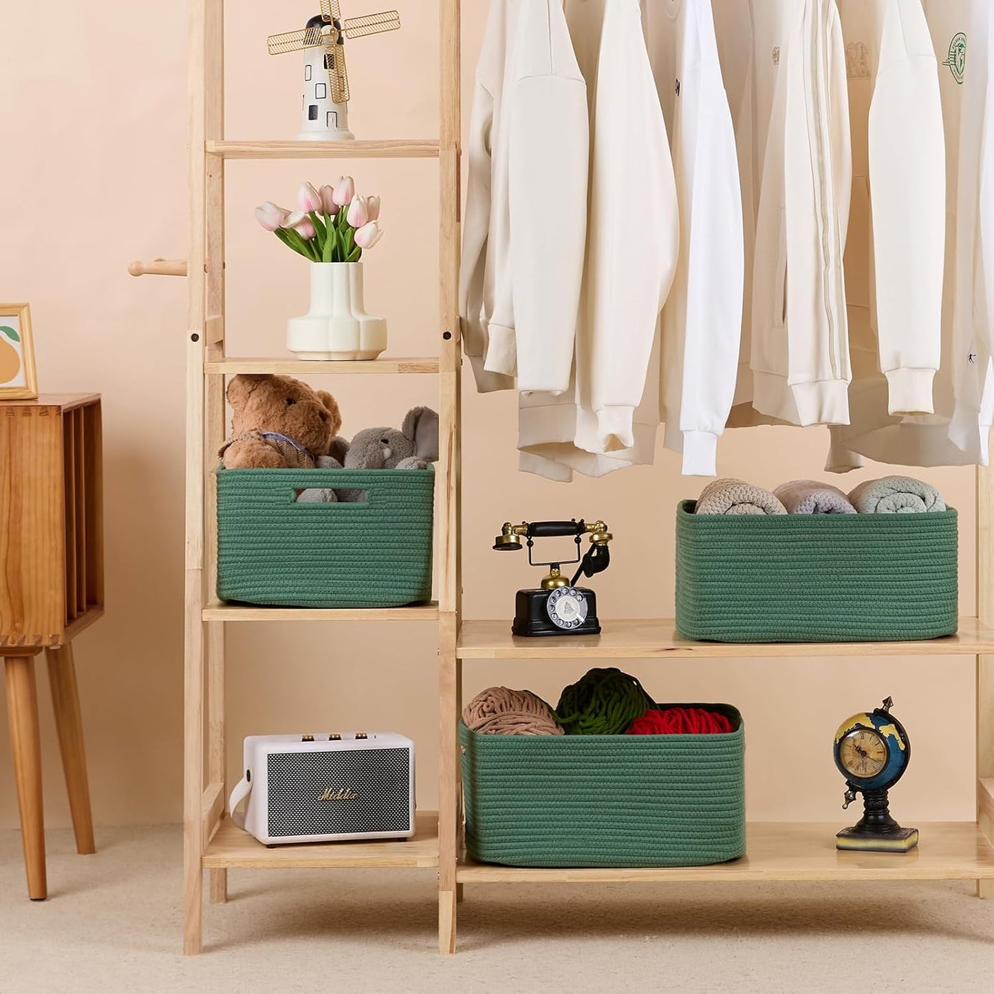 Large Storage Baskets for Shelves, Closet Organizers Bins for Clothes Blanket Towels, Baby Nursery, Toy Baskets Box, Woven Rope Baskets, 17 x 13 x 7.5”, 2 Packs Green