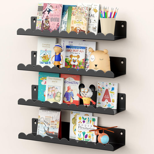 Nursery Book Shelves, 17 Inch Black Metal Floating Shelves for Wall 4 Pack, Wall Mounted Book Shelf for Kids Room, Bedroom, Bathroom, Playroom Decor
