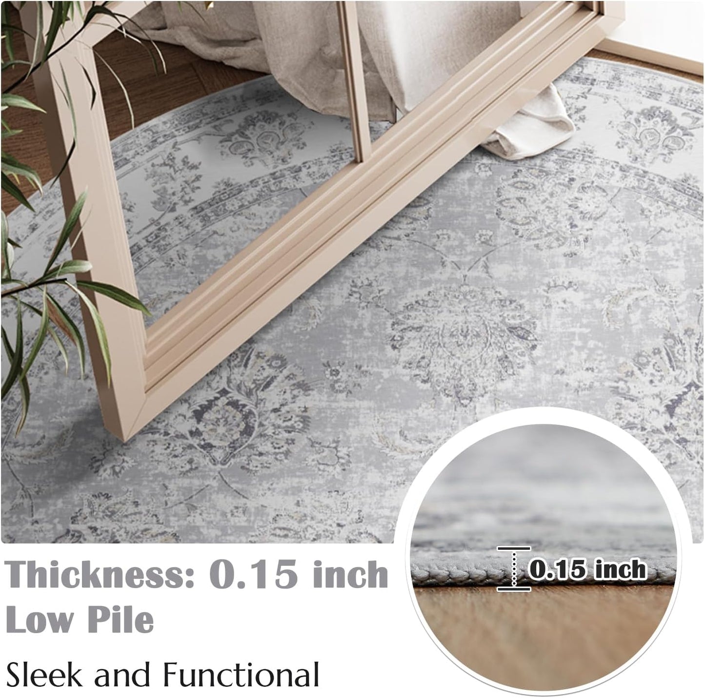 jinchan Round Rug 6ft Area Rugs Vintage Floral Distressed Design - Machine Washable Non-Slip Low-Pile Ultra-Thin Circle Rug for Entryway Bedside Living Room Dining Room Bedroom (6' Round,Grey)