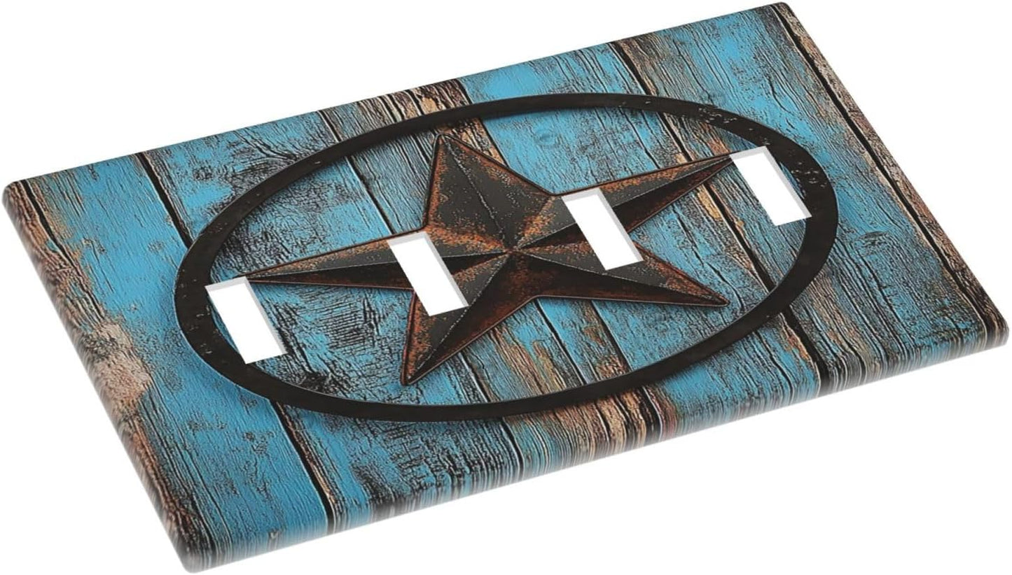 Light Switch Covers Rustic Wood Country Barn Texas Star On Teal Quad Toggle Electrical Faceplate 4 Gang Wall Plate Decorative Switch Plates For Farmhouse Cabin Decor